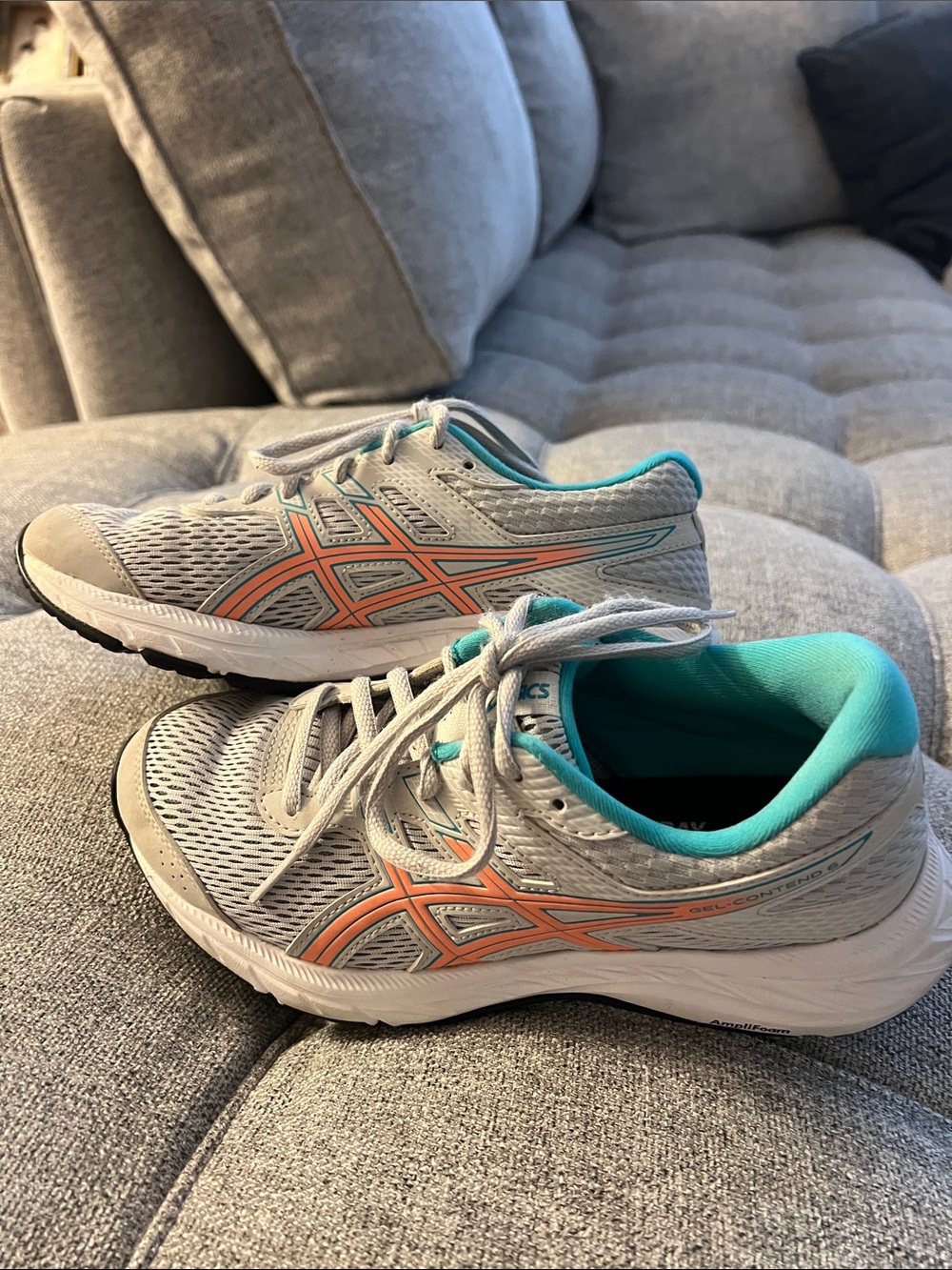 ASICS Women's Light Gray Running Shoes with Coral and Teal Accents- Size 6
